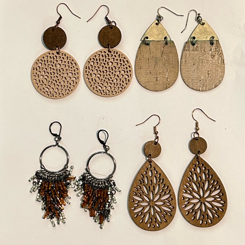 Bundle of 4 boho earrings neutrals earthy dangle wood beads artisan festival
